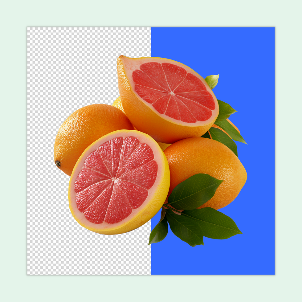 A fresh Grapefruit with a half cut Slice isolated on a transparent background psd