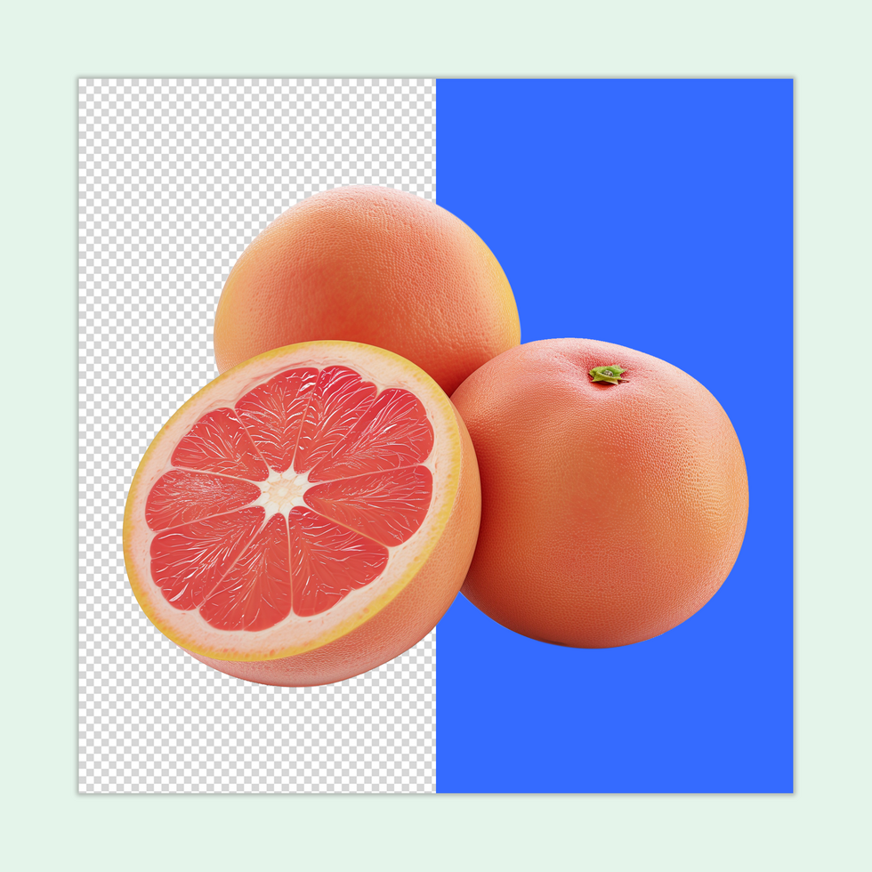 A fresh Grapefruit with a half cut Slice isolated on a transparent background psd