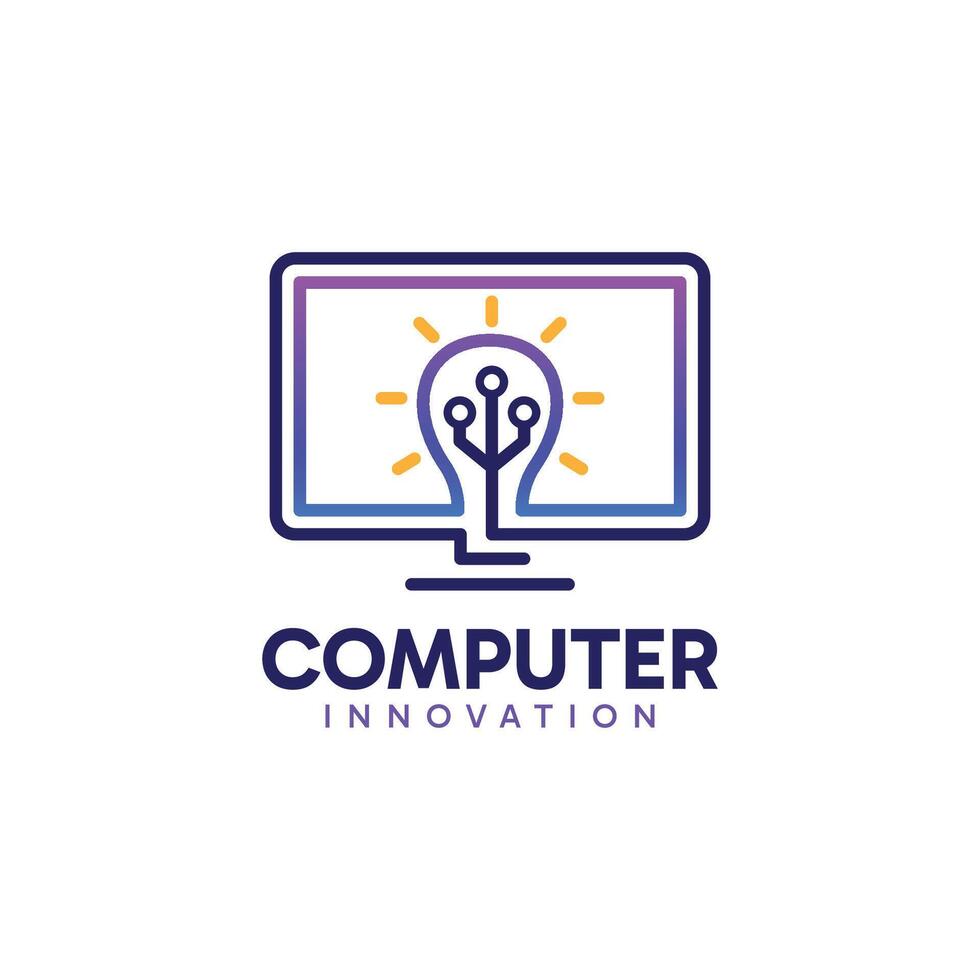 Computer Innovation logo design. Creative minimalist monitor and bulb idea combination concept. Modern tech symbol design. vector