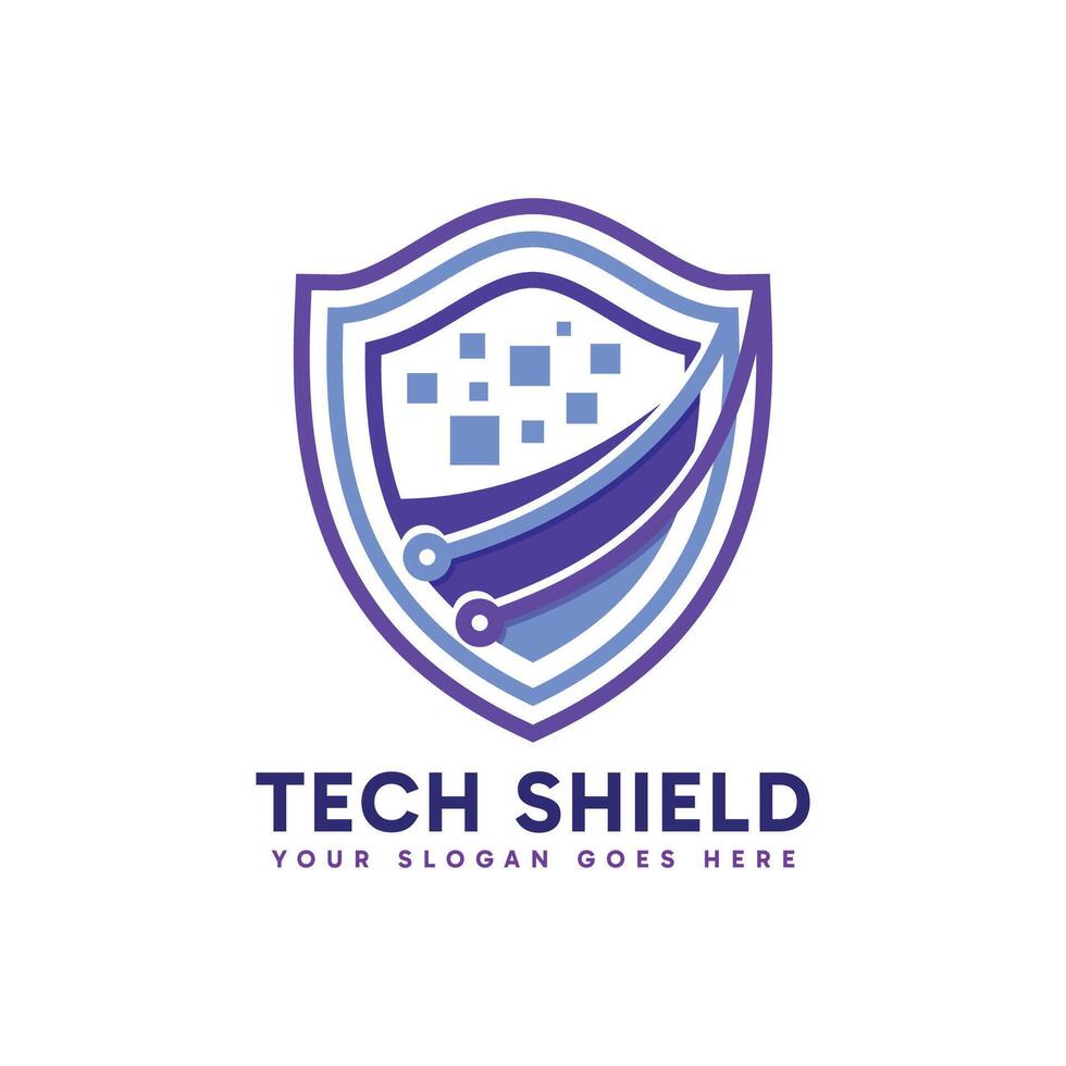 Abstract tech shield logo design. Tech digital element combined with shield emblem. vector
