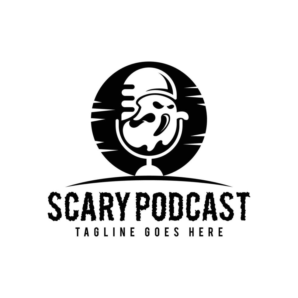 Scary Podcast logo design. Abstract microphone and scary ghost combination logo concept. vector