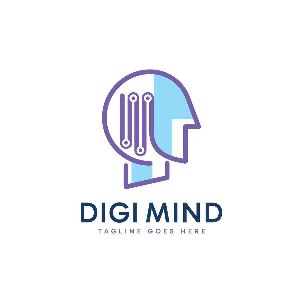 Abstract minimalist digital tech element and head combination logo design template. vector