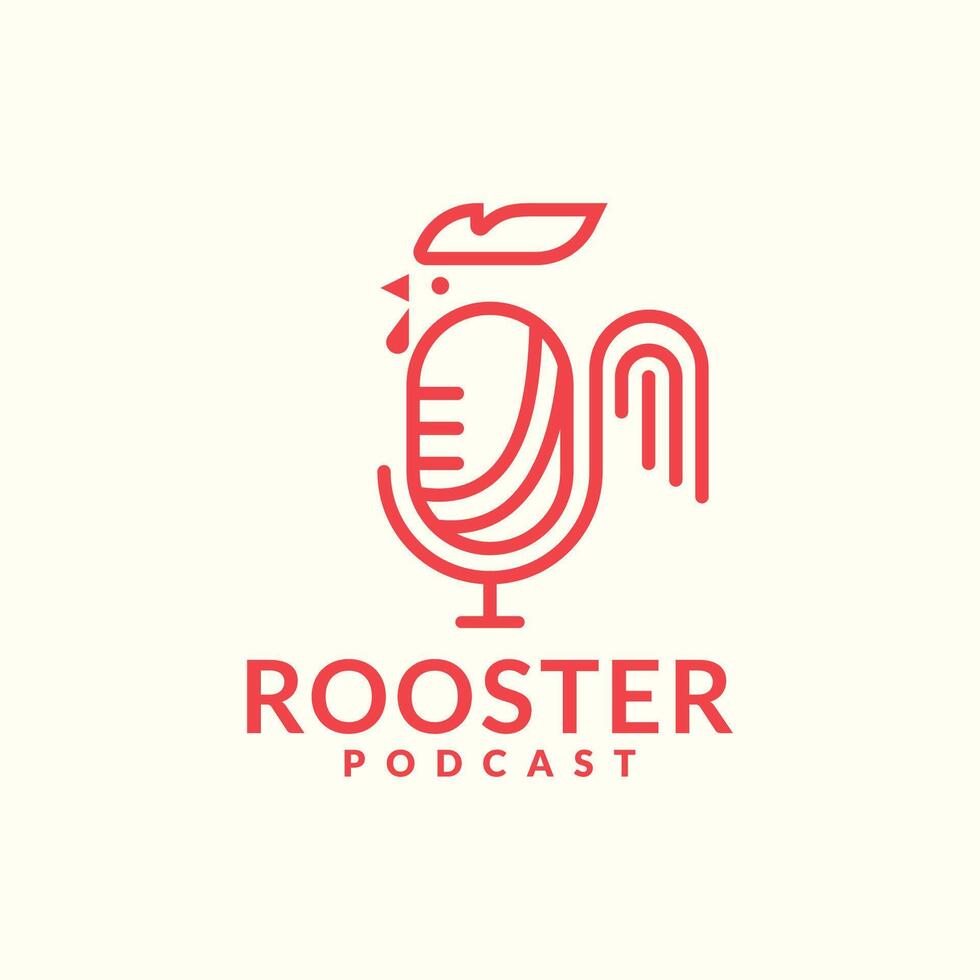 Rooster Podcast logo design. rooster with minimalist line combine with microphone concept vector