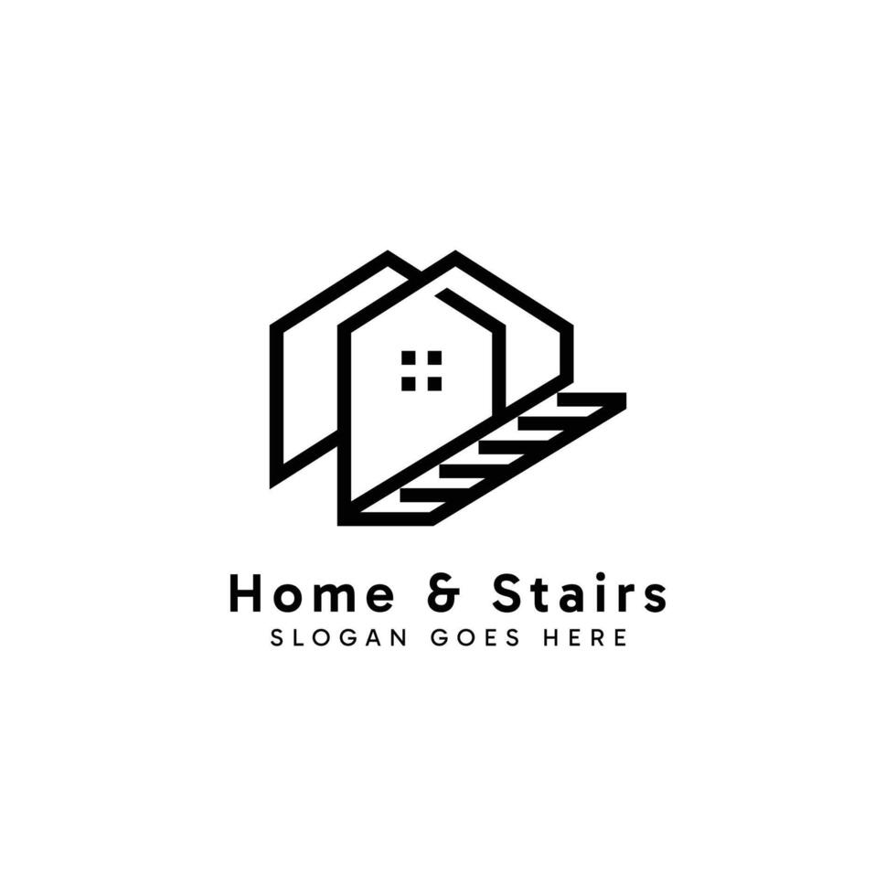 Home and stairs logo icon symbol design with modern minimalist line art style concept. vector