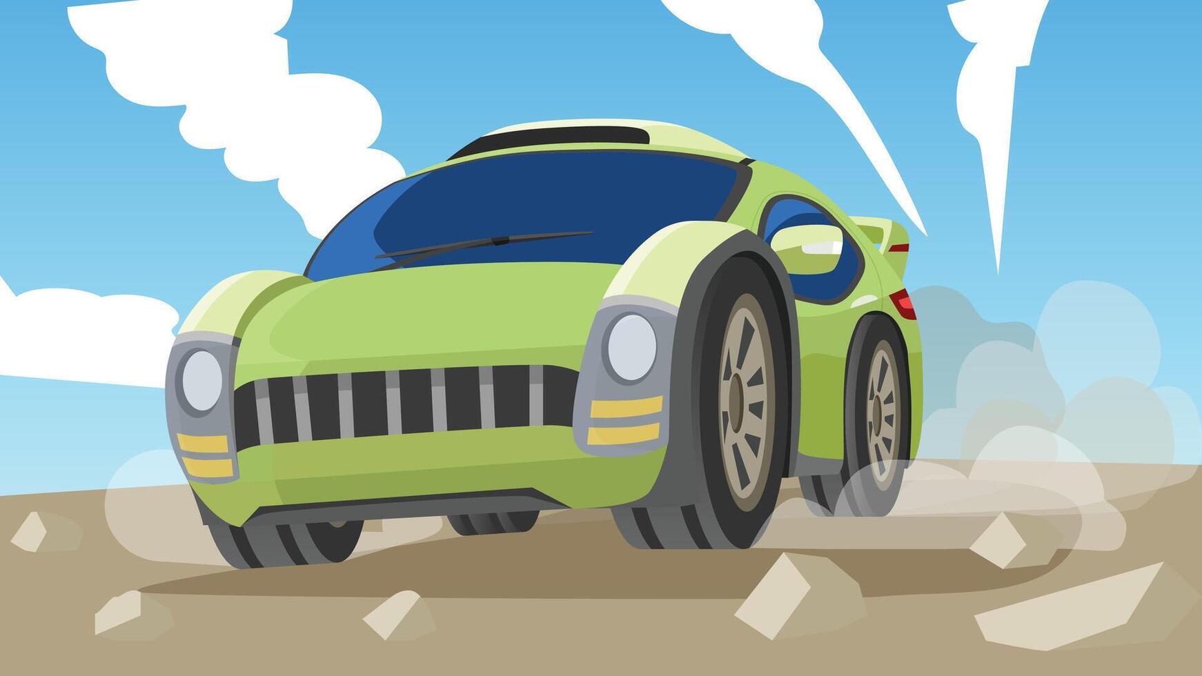 illustration of a green sport rally car race on the gound. Driving at high speed and dust shoots out from the car wheels. open land area under blue sky and white clouds. vector