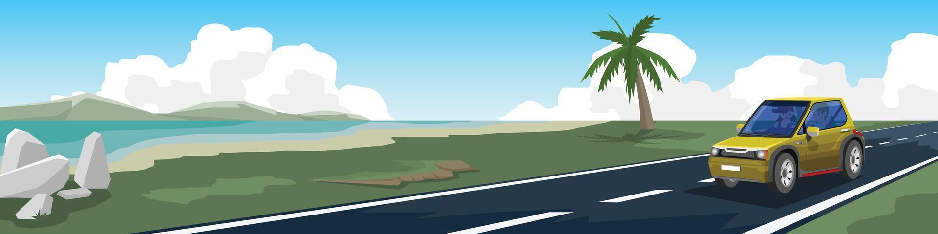 Small yellow family car. Man drives car and his lover sits next to him. Smooth asphalt road beside a beach and a vast sea. Surrounded by green grass with island under the blue sky and white clouds. vector