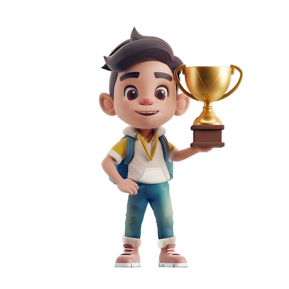 3D cartoon student character holding golden trophy png