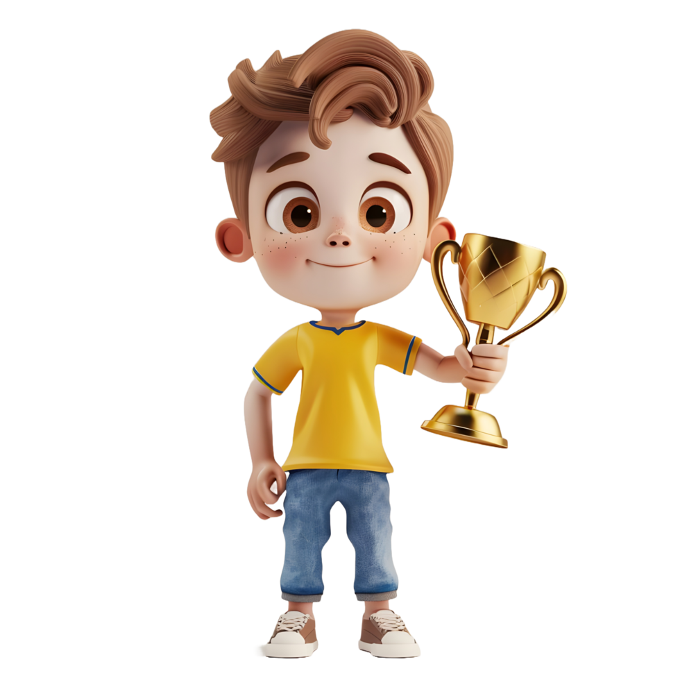 3D cartoon student character holding golden trophy png