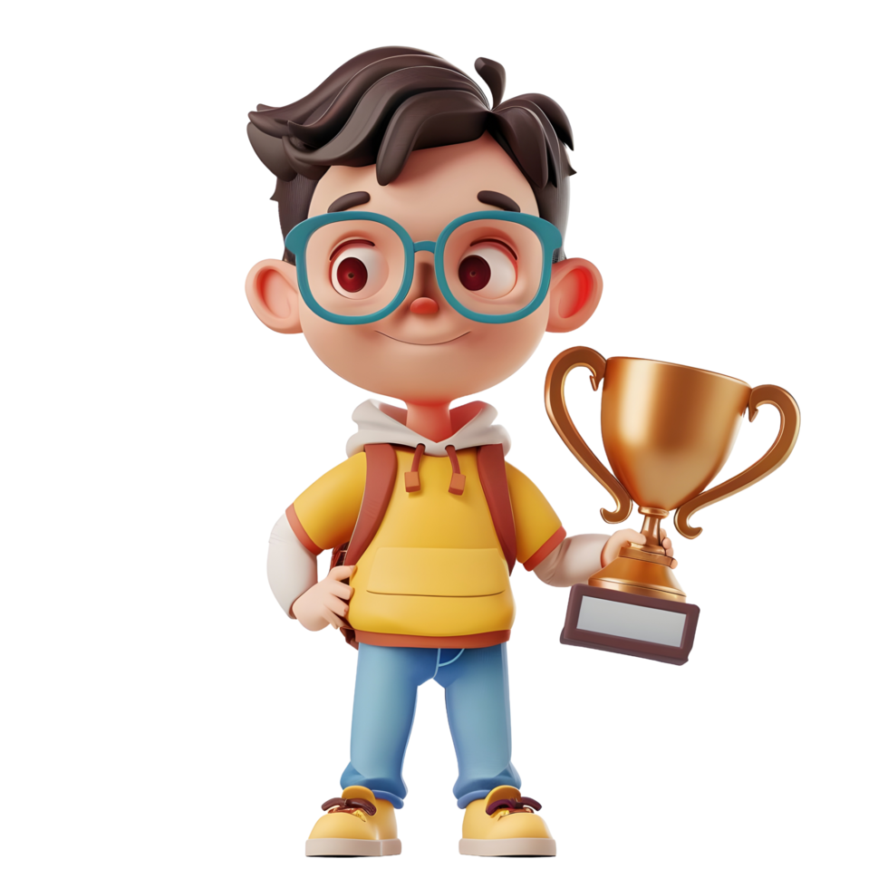 3D cartoon student character holding golden trophy png