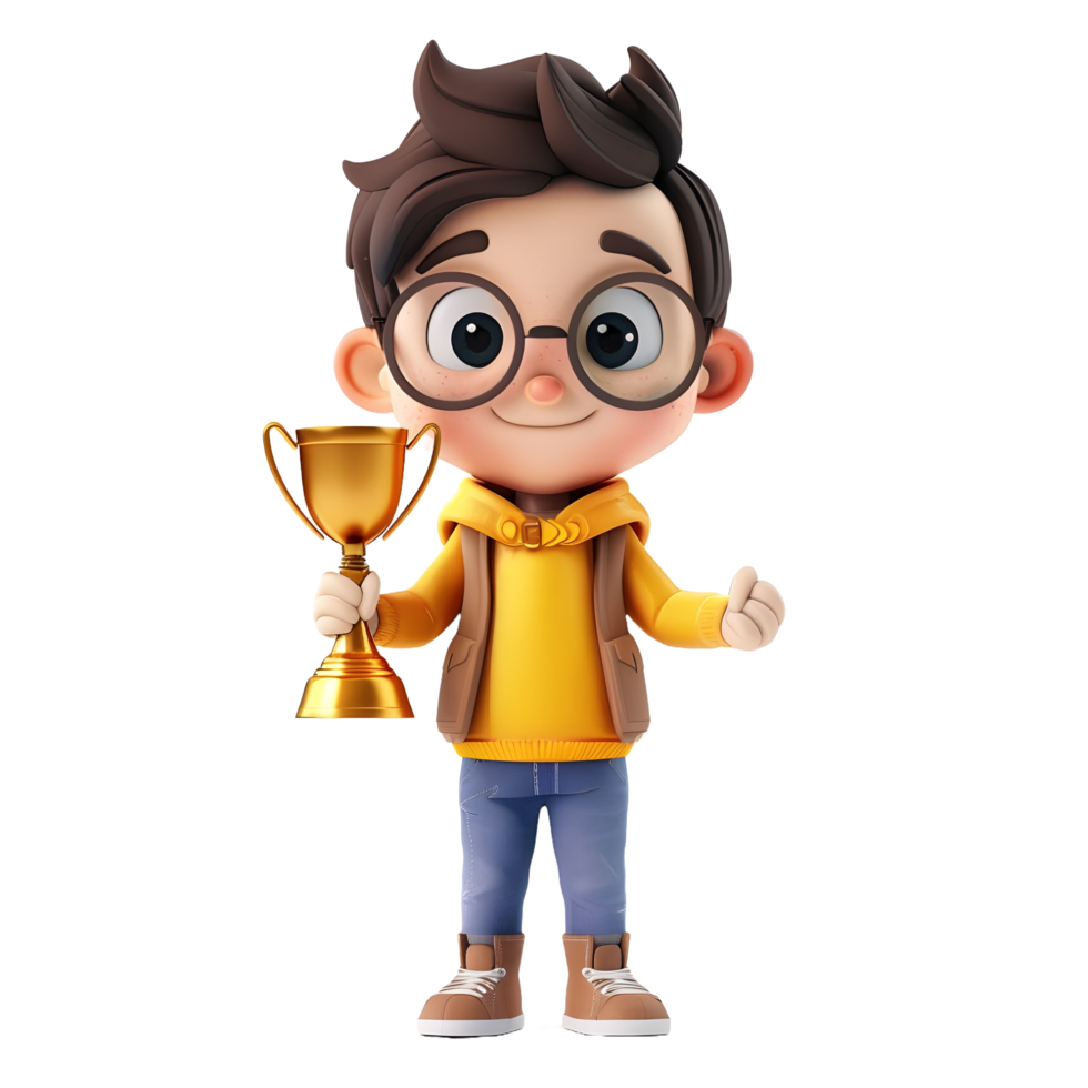 3D cartoon student character holding golden trophy png