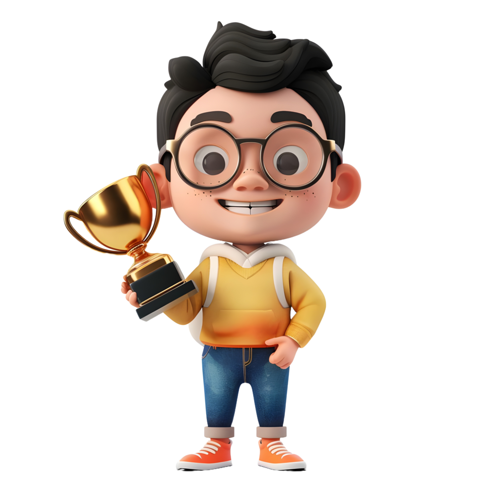 3D cartoon student character holding golden trophy png