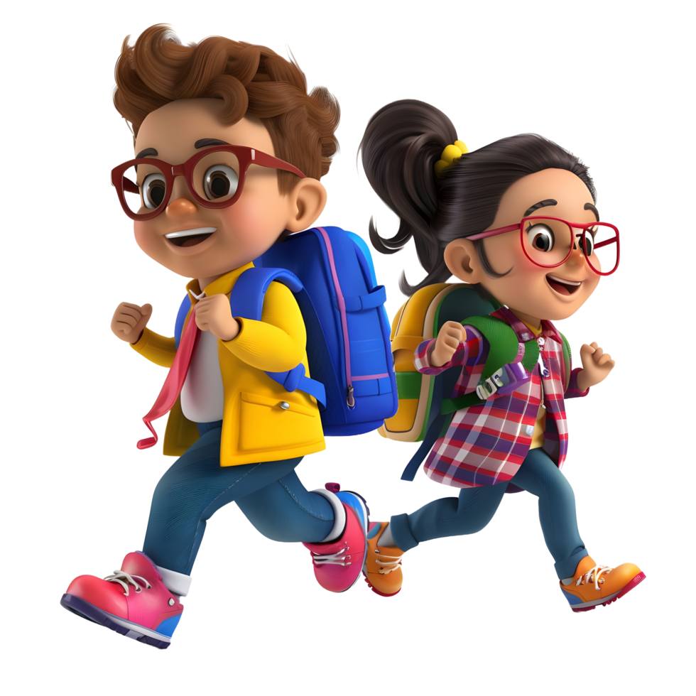 3D cartoon student characters running to school png