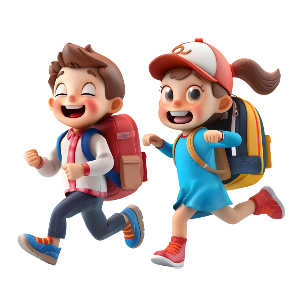3D cartoon student characters running to school png