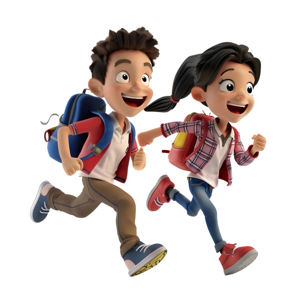 3D cartoon student characters running to school png