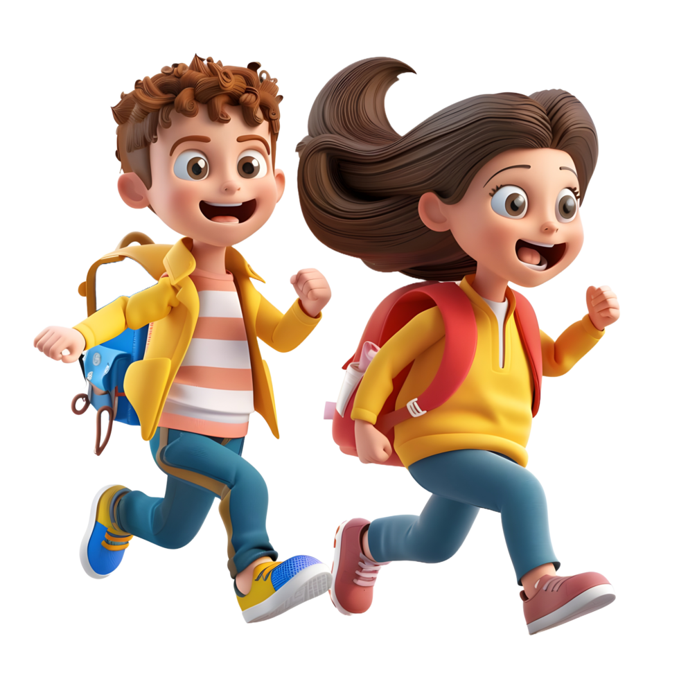 3D cartoon student characters running to school png