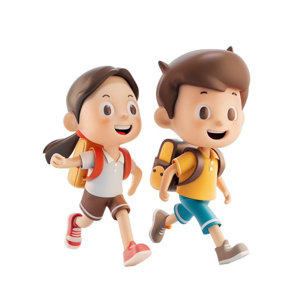 3D cartoon student characters running to school png