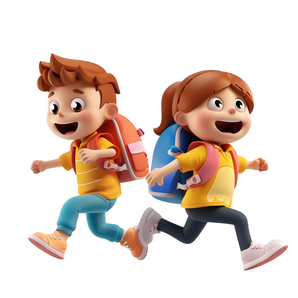 3D cartoon student characters running to school png
