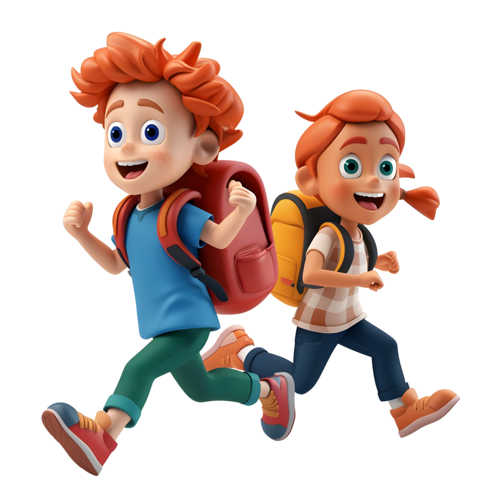 3D cartoon student characters running to school png