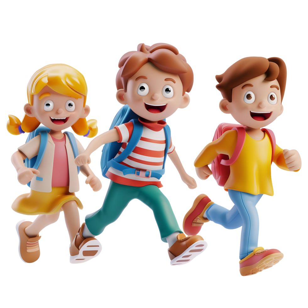 3D cartoon student characters running to school png