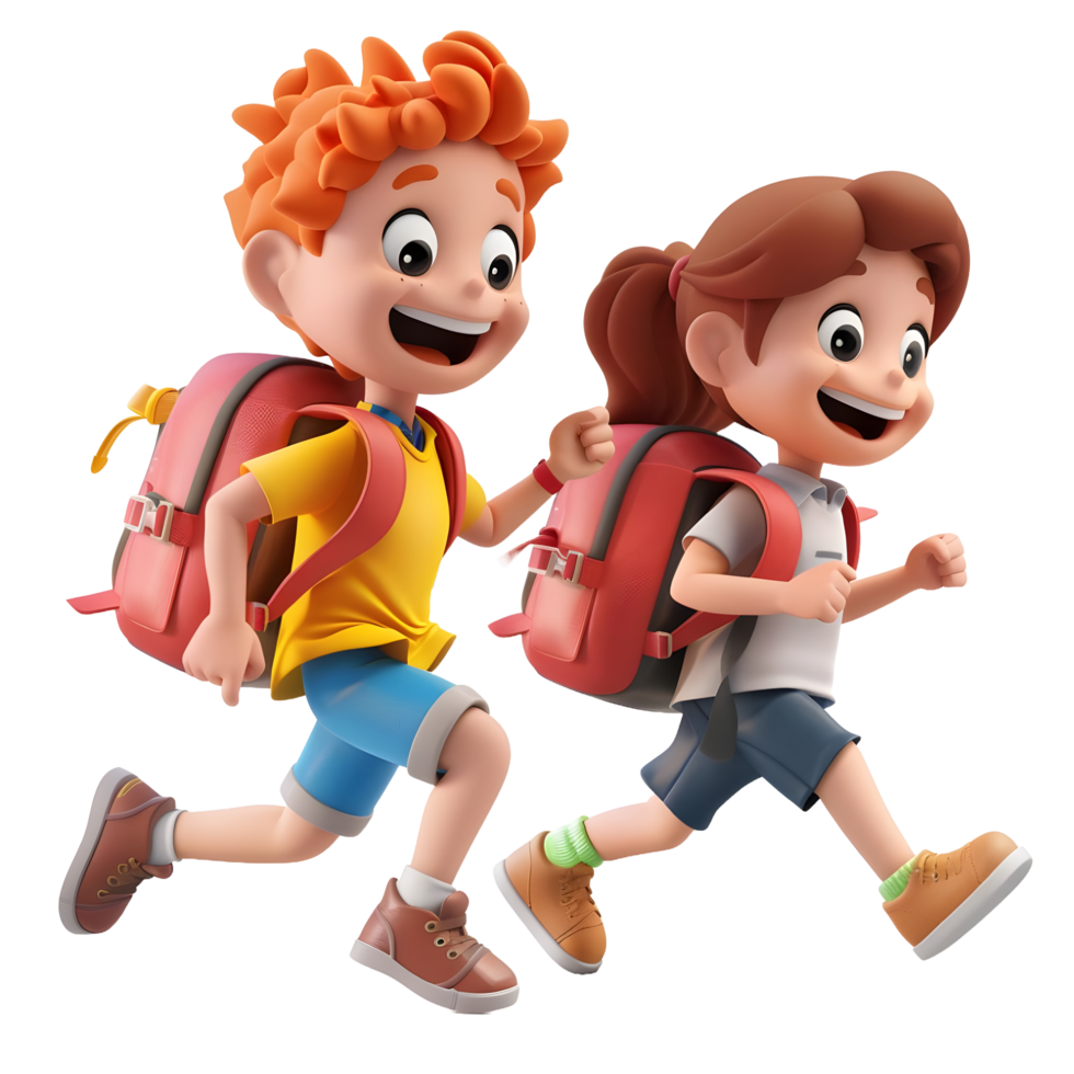 3D cartoon student characters running to school png