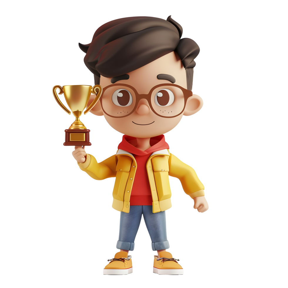 3D cartoon student character holding golden trophy png