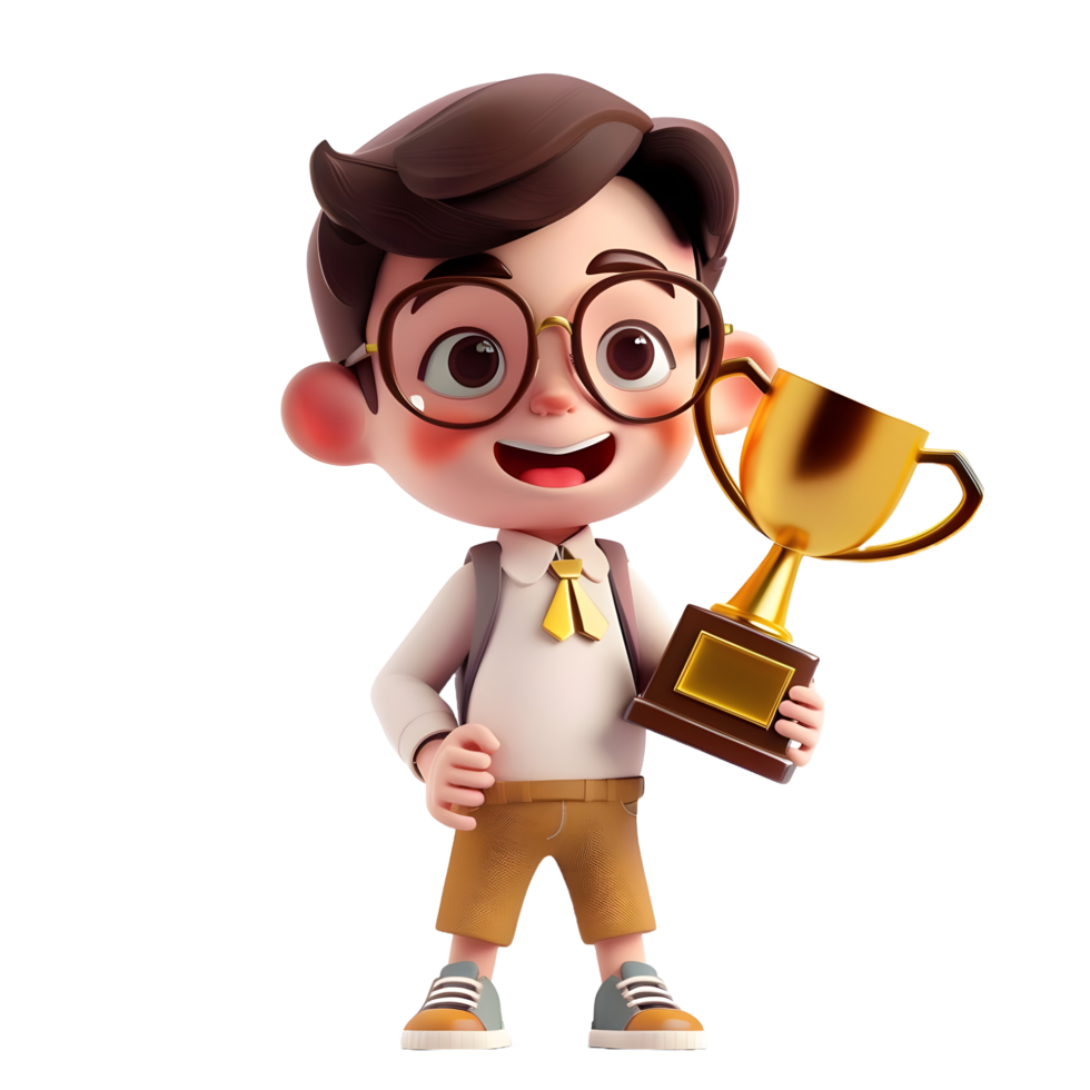 3D cartoon student character holding golden trophy png