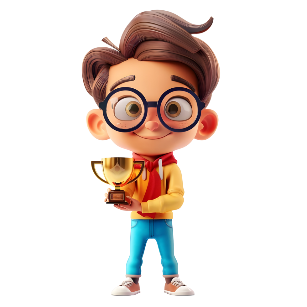 3D cartoon student character holding golden trophy png