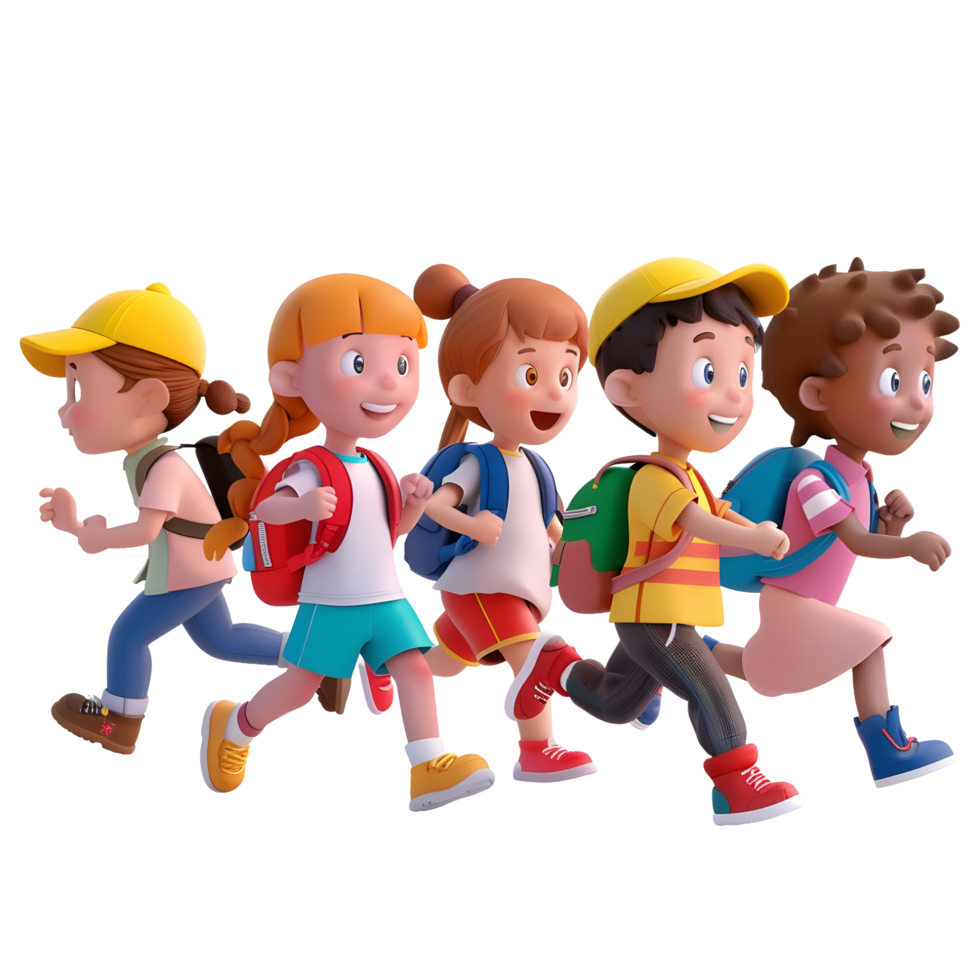 3D cartoon student characters running to school png
