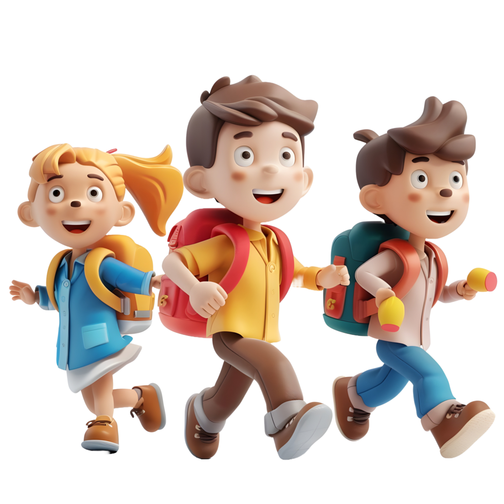3D cartoon student characters running to school png