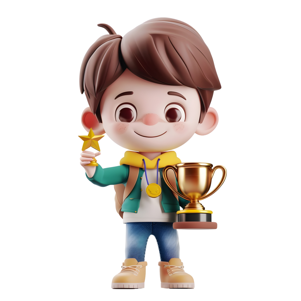 3D cartoon student character holding golden trophy png