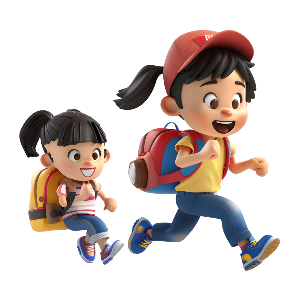 3D cartoon student characters running to school png