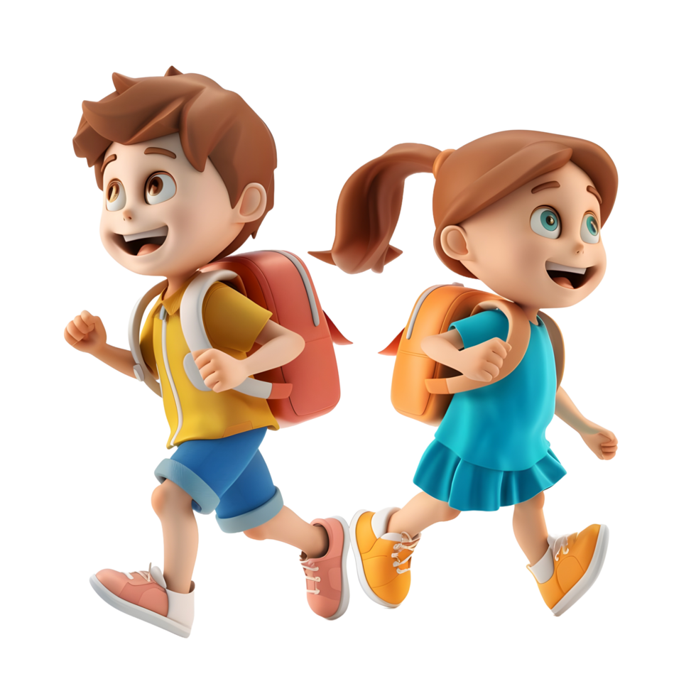 3D cartoon student characters running to school png