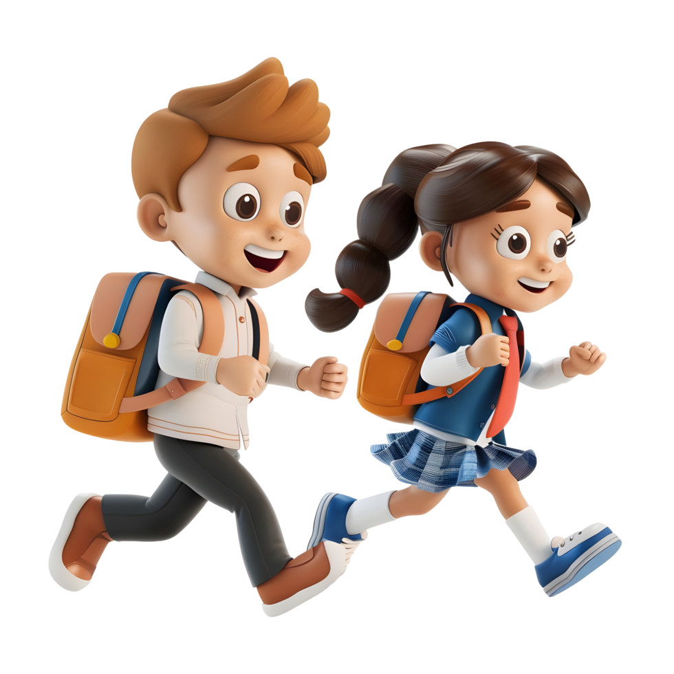 3D cartoon student characters running to school png