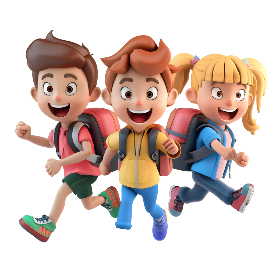 3D cartoon student characters running to school png