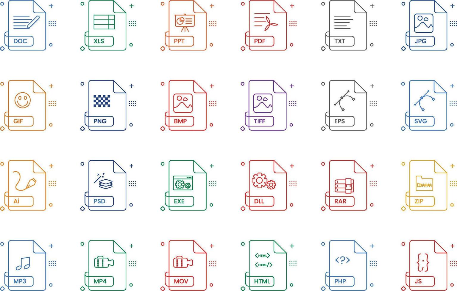 Set of file type icon in outline detailed style vector
