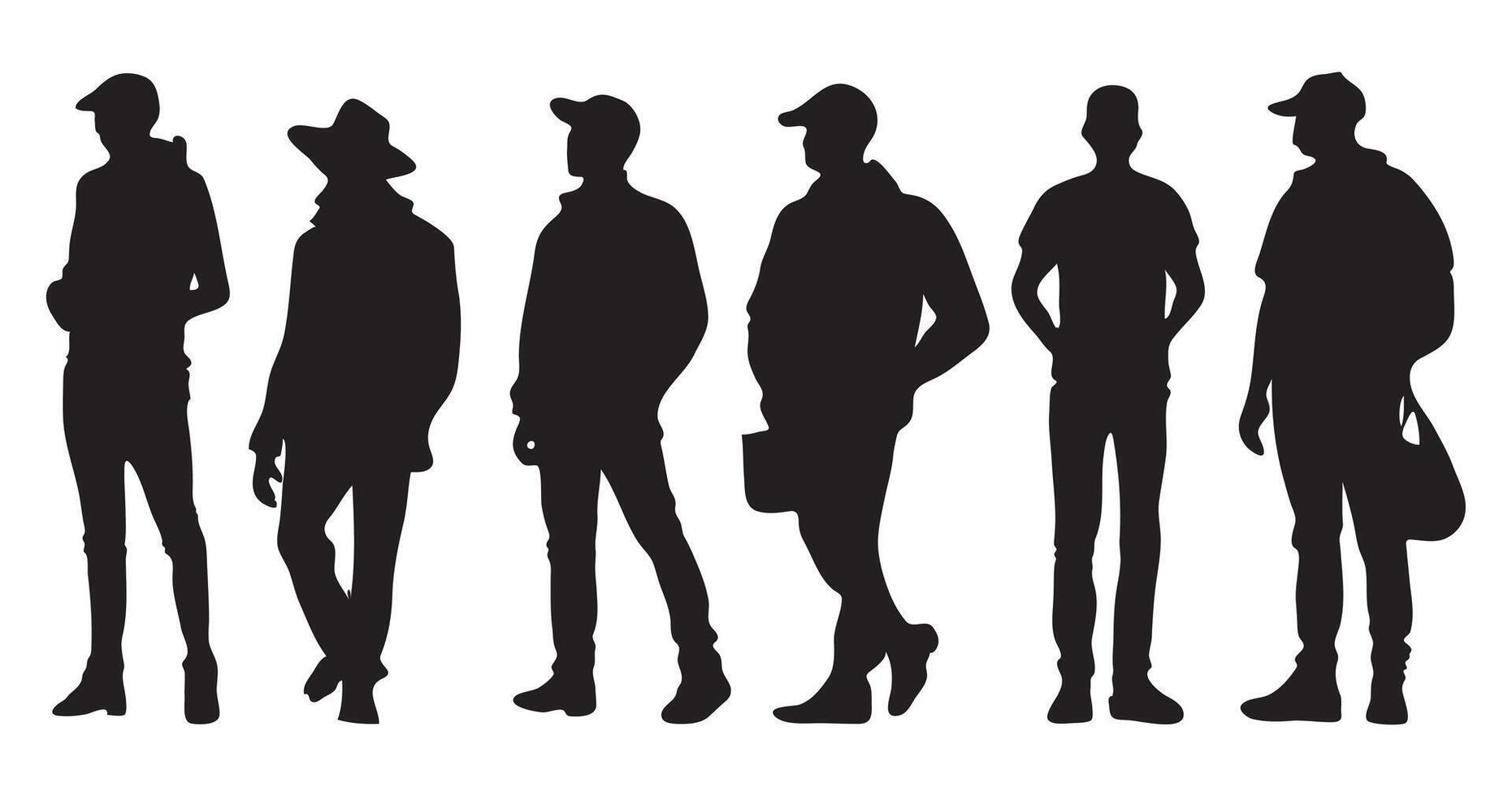 Silhouette people man wear a hat in various poses collection. illustration vector
