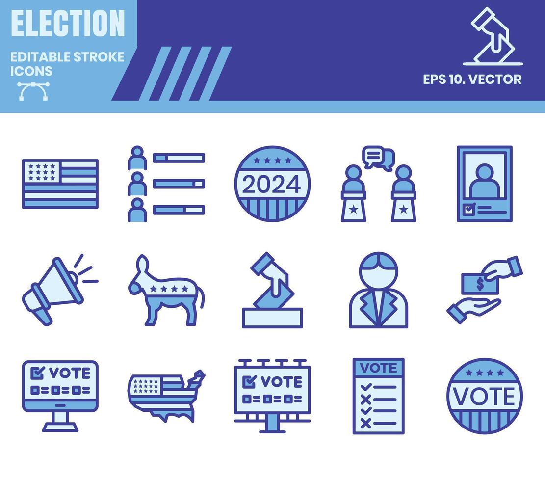 Voting and Election blue color outline icon set . vector