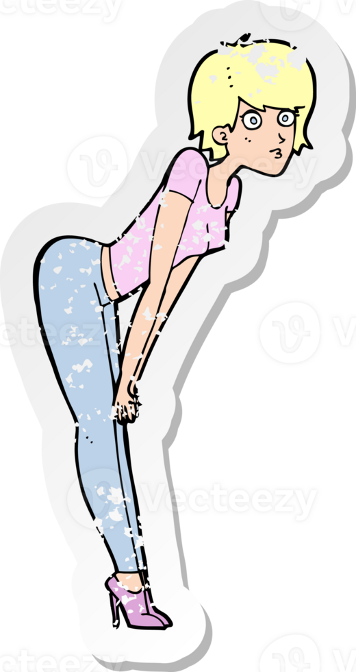 retro distressed sticker of a cartoon woman looking at something drawing png