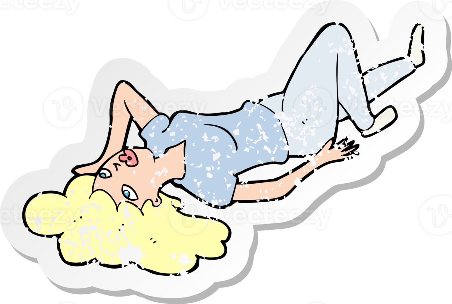 retro distressed sticker of a cartoon woman lying on floor drawing png