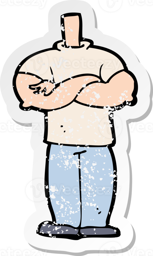 retro distressed sticker of a cartoon body with folded arms drawing png