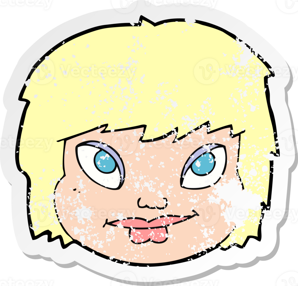 retro distressed sticker of a cartoon female face drawing png