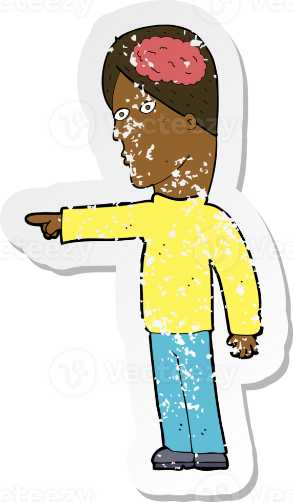 retro distressed sticker of a cartoon clever man pointing drawing png