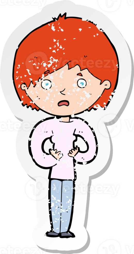 retro distressed sticker of a cartoon woman making Who Me gesture drawing png