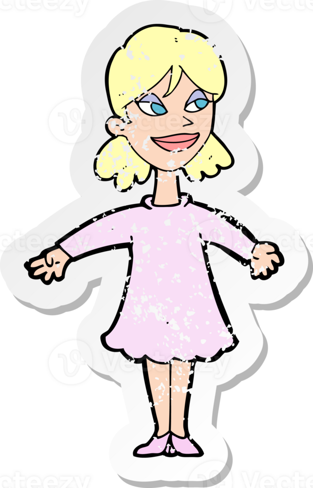 retro distressed sticker of a cartoon woman with open arms drawing png