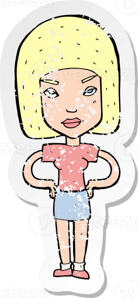 retro distressed sticker of a cartoon annoyed woman drawing png