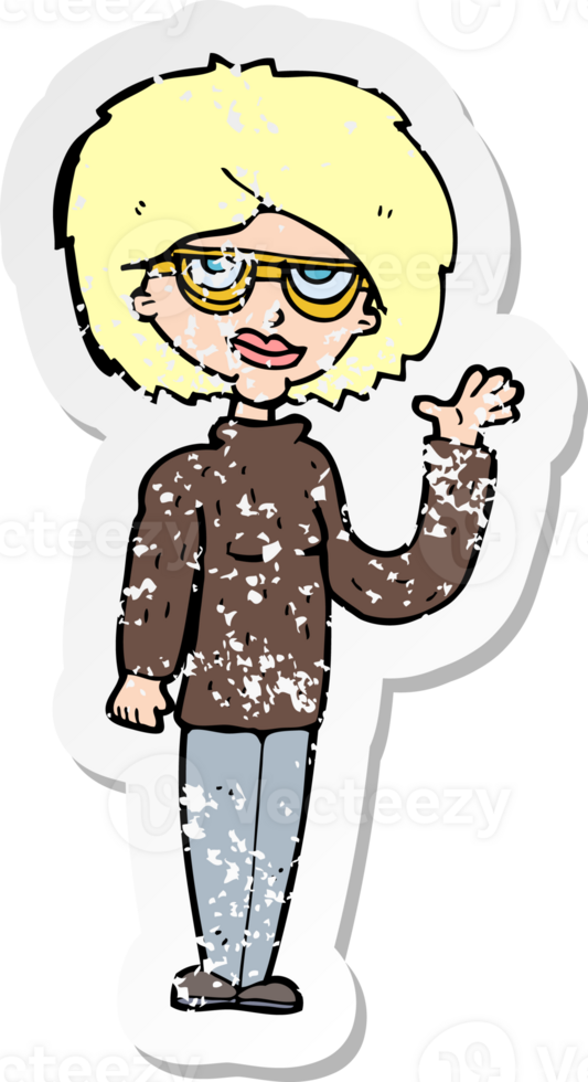 retro distressed sticker of a cartoon woman waving drawing png