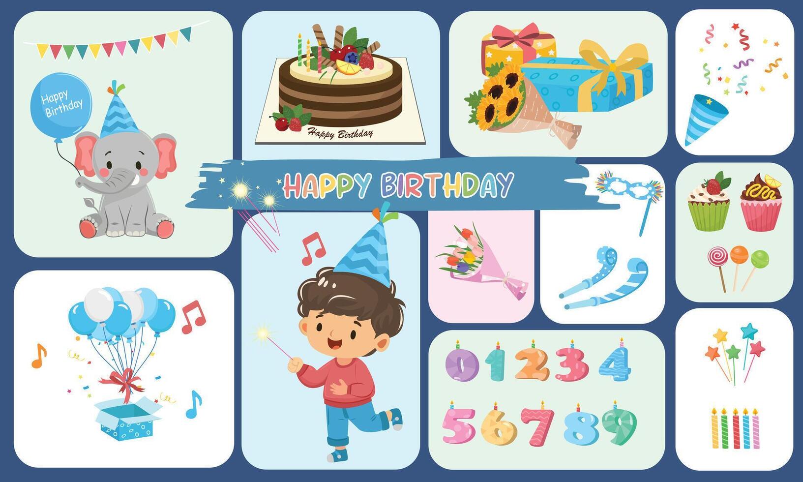 Birthday set. Birthday element. Happy birthday. Birthday cake, flower, gift, present, candle, cupcake. conffeti, Flat in cartoon style isolated on dark background. vector