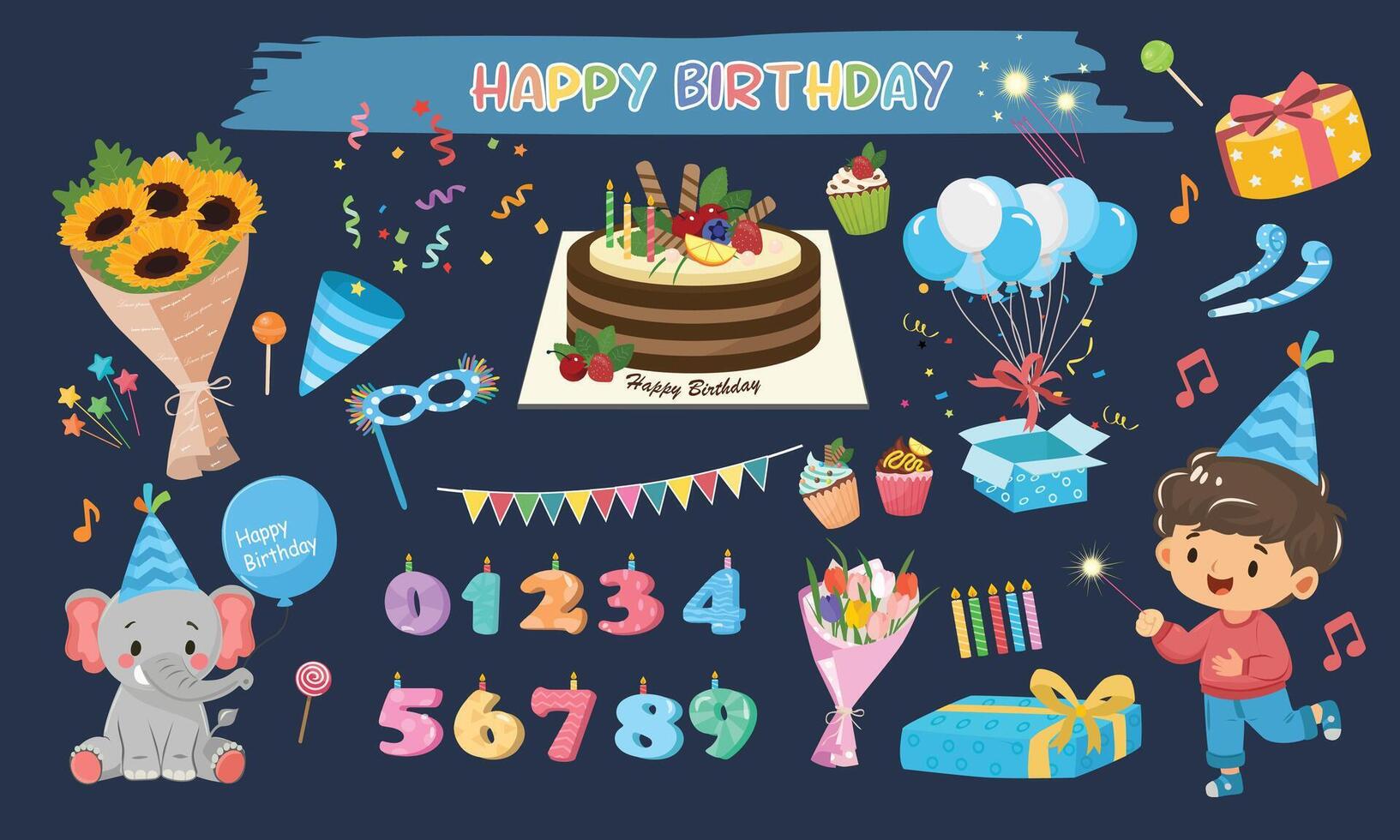 Birthday set. Birthday element. Happy birthday. Birthday cake, flower, gift, present, candle, cupcake. conffeti, Flat in cartoon style isolated on dark background. vector
