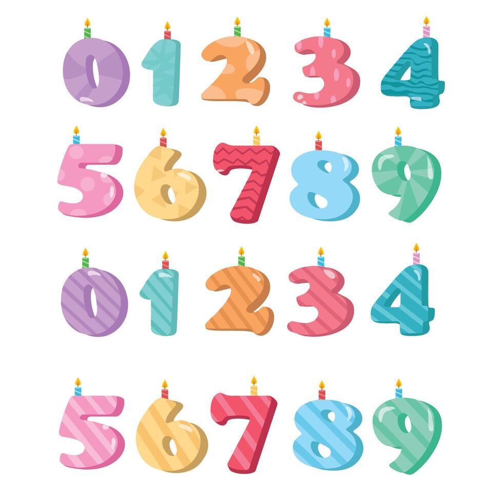 Birthday candles set. Number candles clipart. Birthday element. Flat in cartoon style isolated on white background. vector