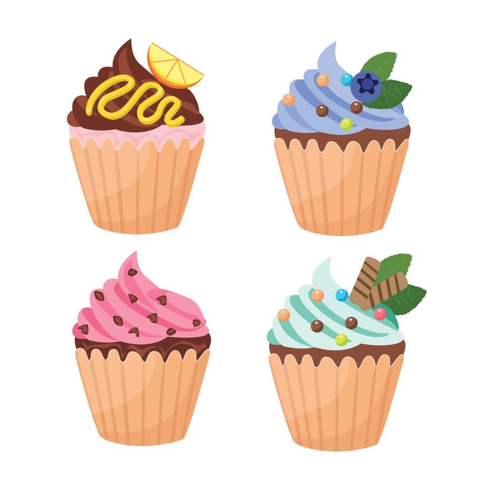 Cupcake set. Party element. Sweet dessert clipart. Birthday element. Flat in cartoon style isolated on white background. vector
